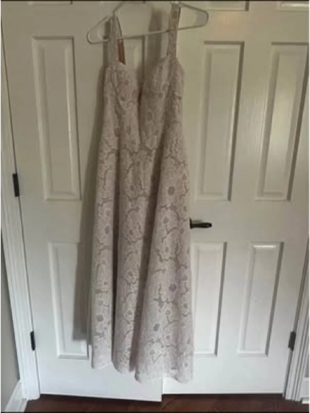 Azazie Lace A-Line Maxi Dress in Light Taupe